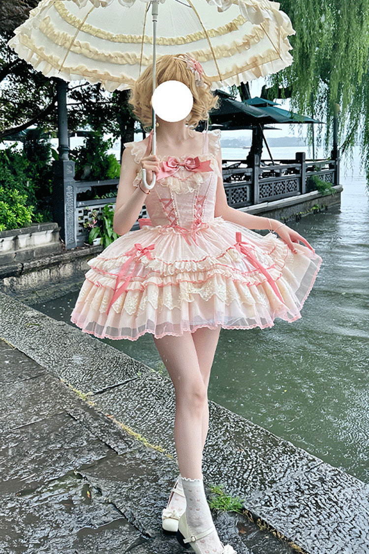 Pink [Candy House] Sleeveless Ruffle Bowknot Lace Lace-Up Sweet Lolita Jsk Dress