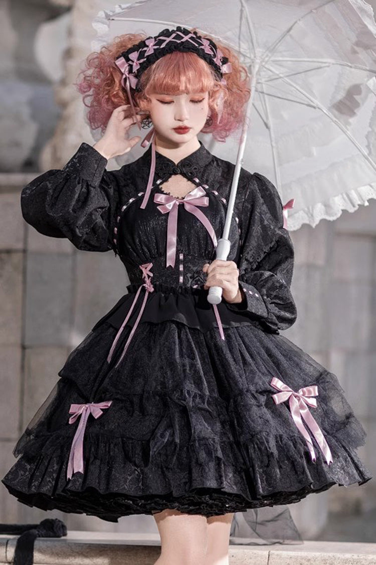[Love Song] Long Sleeves Multi-Layered Jacquard Ruffle Bowknot Sweet Gothic Lolita Dress 3 Colors