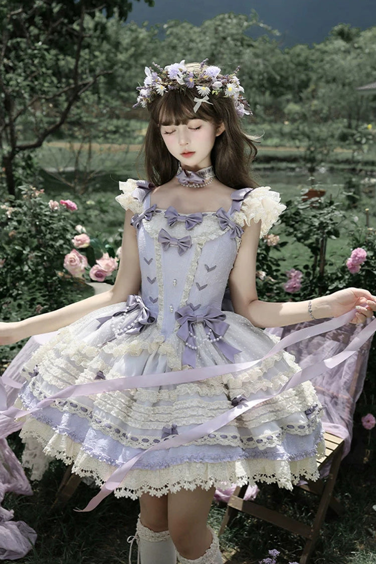 [Windspiel-Gedicht] Quadratischer Kragen, Flatterärmel, dreilagig, bedruckt, Rüschenschleife, süßes Lolita-JSK-Kleid, 4 Farben (blau, rosa, lila, grün)
