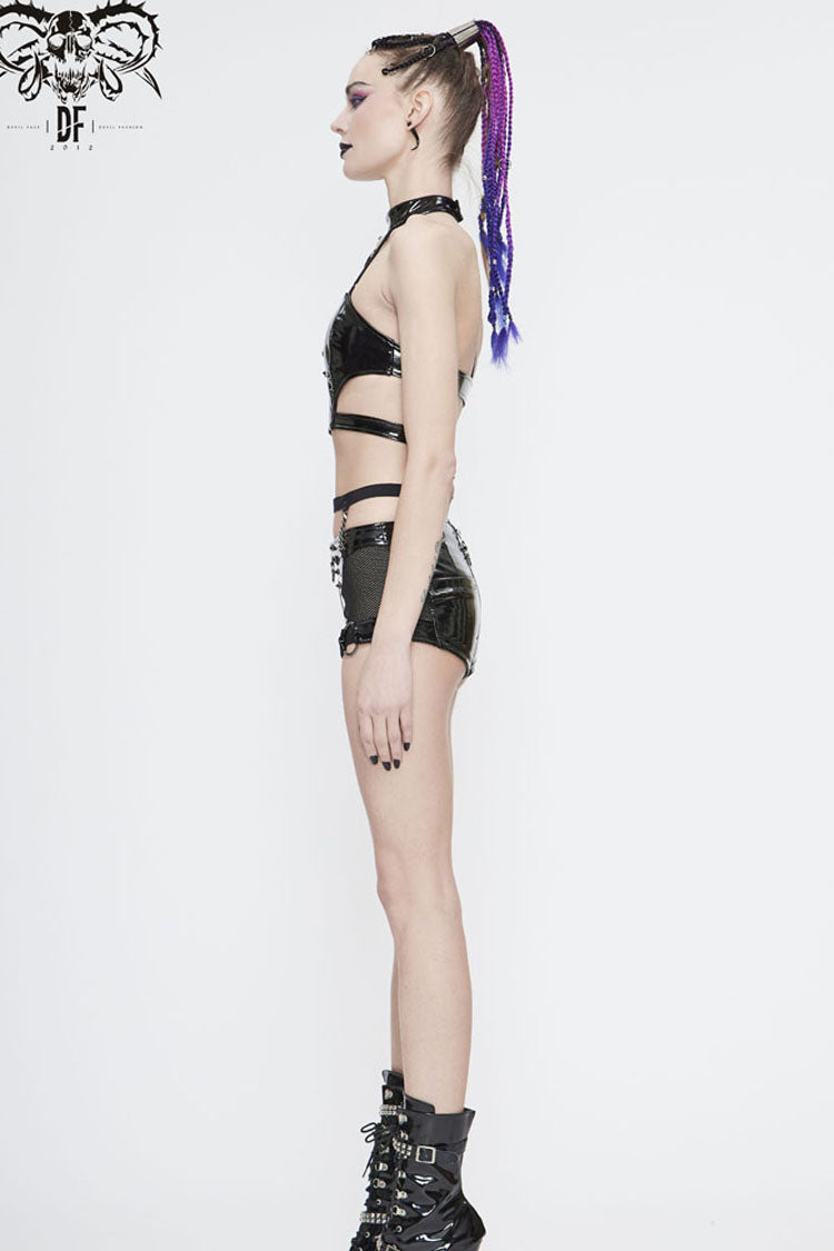 Black Round Collar Patent Leather Chest Zipper Rivet Women's Punk Corset
