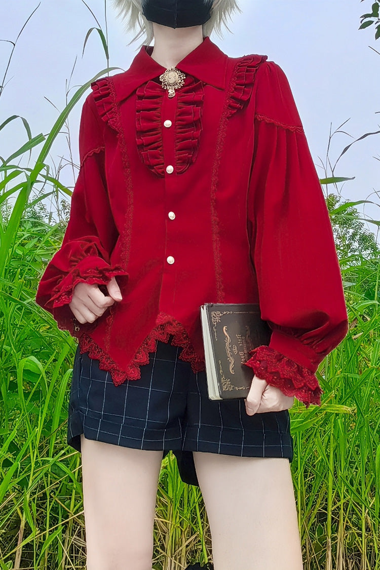 [Späte Nacht] Reverskragen Langarm Rüschen Spitze Schlanke Süße Lolita Bluse 6 Farben 
