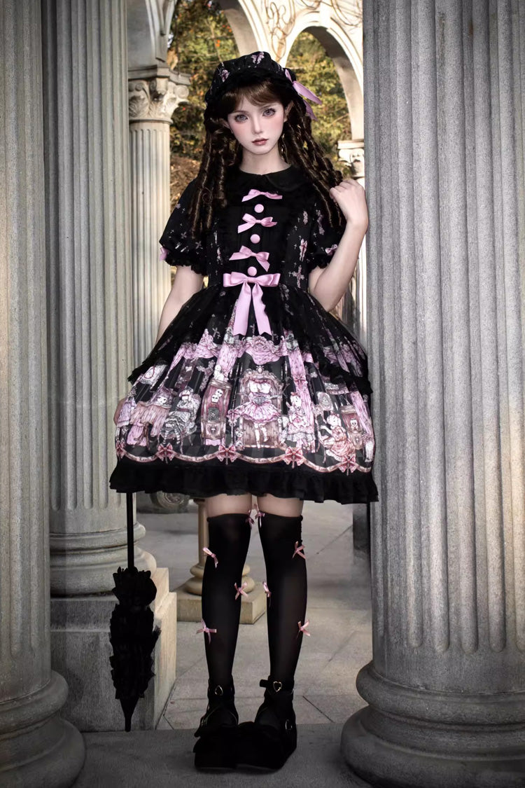 Noir [Le Cas de l'Agneau Disparu] Imprimé Manches Longues Volants Nœud Papillon Dentelle Robe Gothic Lolita 
