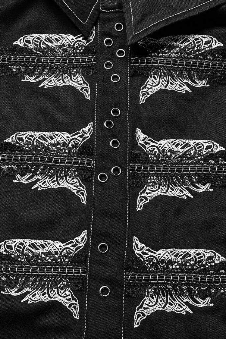 Black Lapel Collar Long Sleeves Skull Print Embroidery Mens Steampunk Blouse