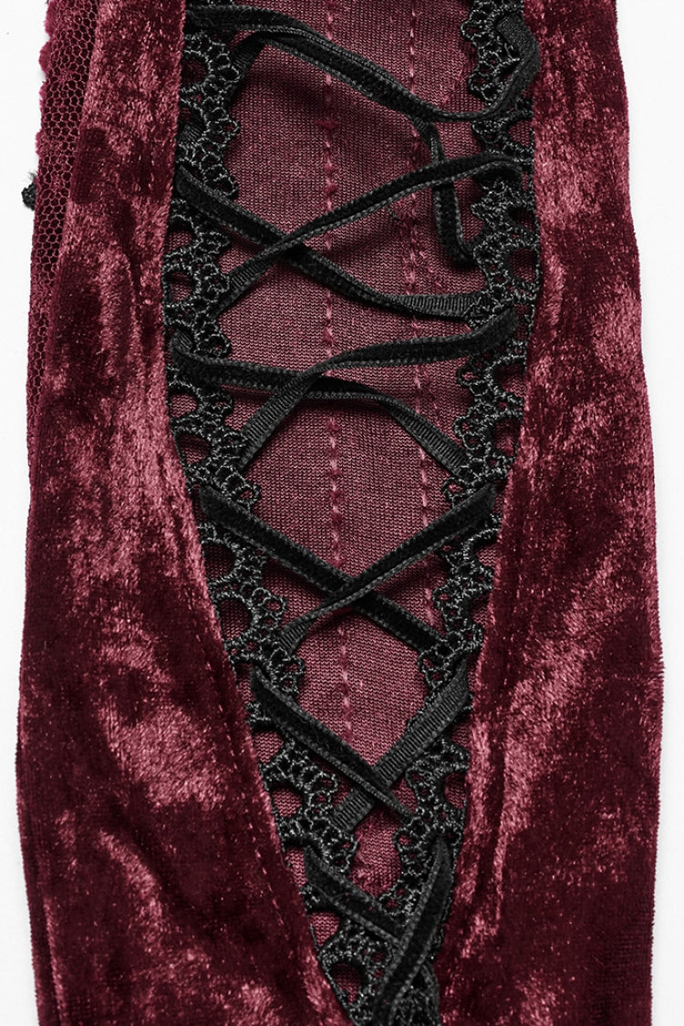 Red Floral Embroidery Lace-Up Women's Gothic Gloves