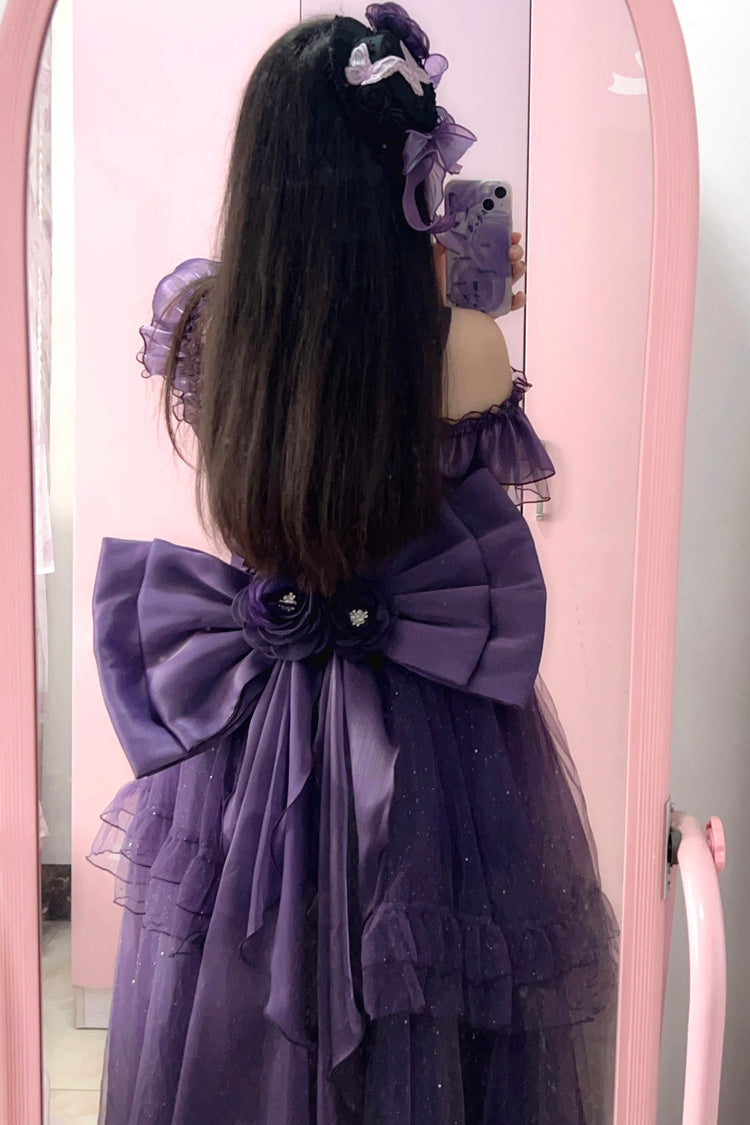 Purple [Bright Stars] Off Shoulder Ruffle Bowknot Asymmetric Sweet Elegant Princess Lolita Dress