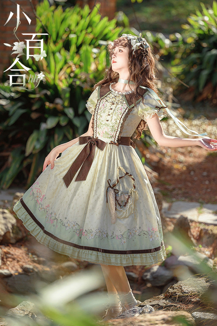 Robe Lolita Douce Élégante Verte/Ivoire [Lily] à Manches Courtes avec Imprimé, Volants, Broderie, Nœud Papillon et Dentelle 