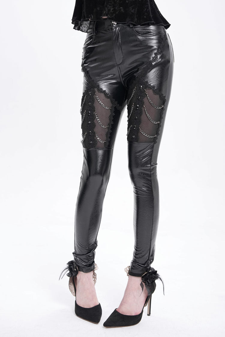 Schwarze Kette aus Kunstleder mit Spitzenbesatz Damen Gothic Hose 
