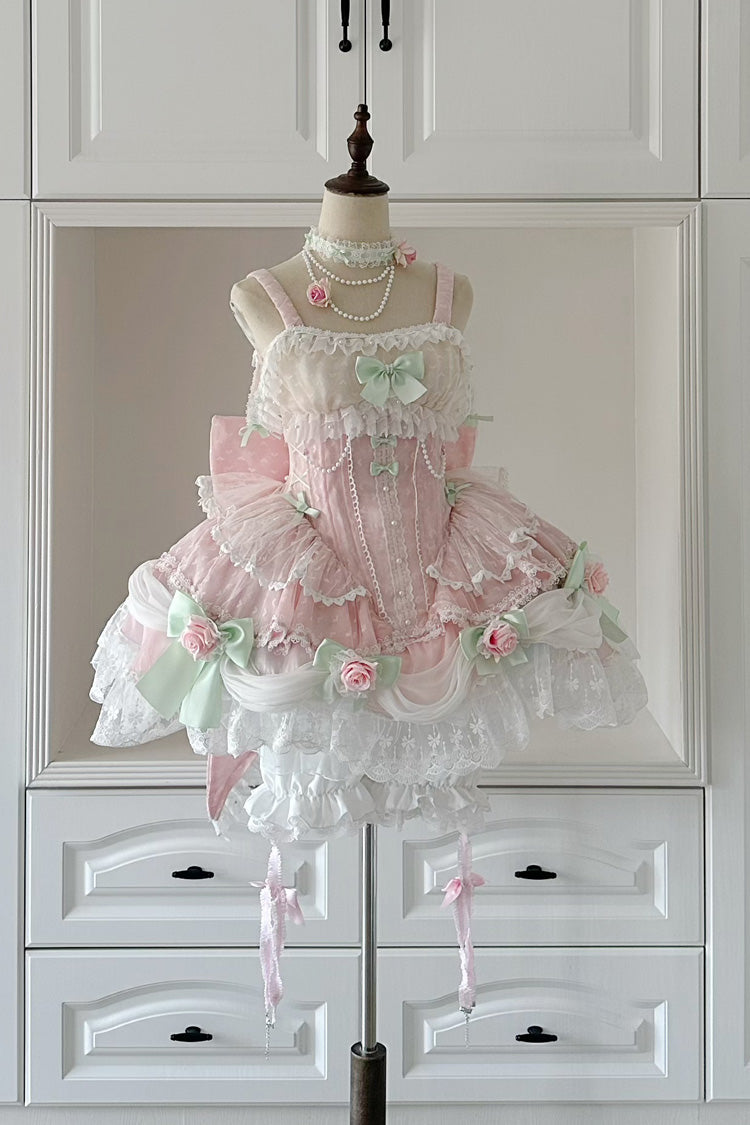 Pink [Honey Rose] Sleeveless Ruffle Embroidery Bowknot Lace Pearl Sweet Lolita Jsk Dress