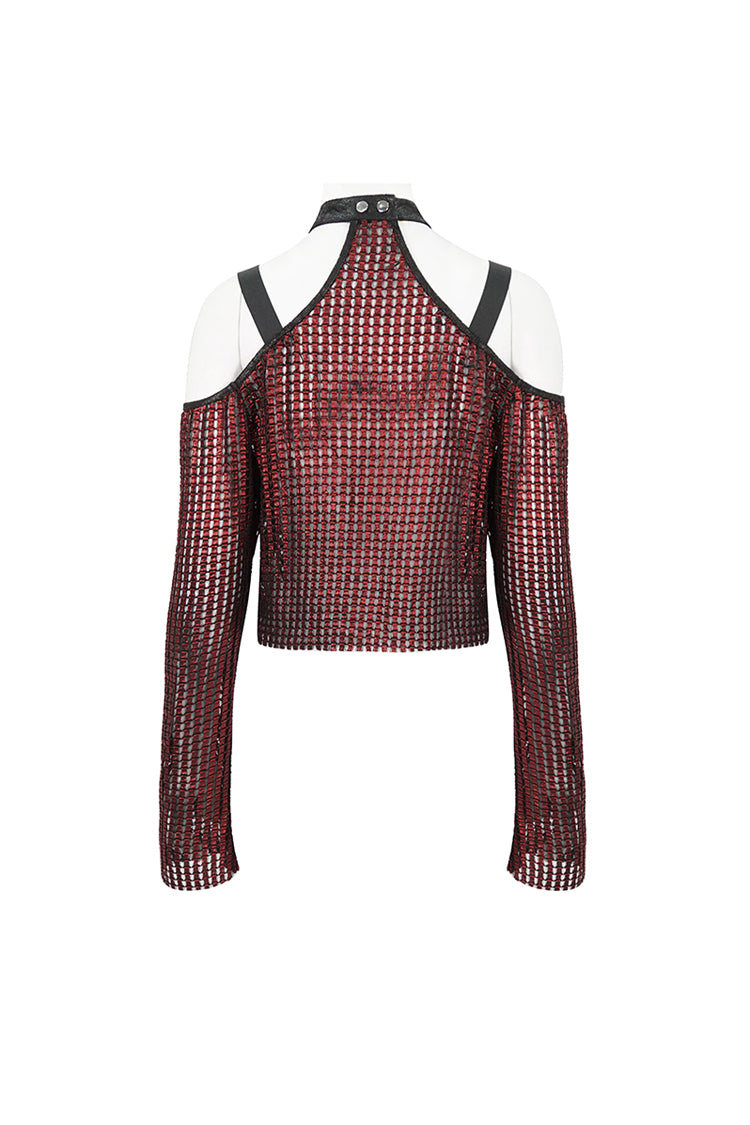 Rotes, schulterfreies, transparentes Crop-Top mit Schnalle für Damen im Gothic-Stil