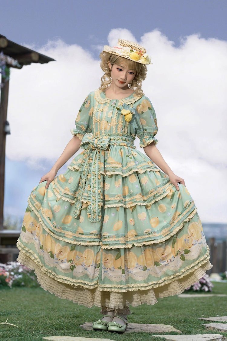 Green [Lemon Chicken] Short Sleeves Triple-Layered Print Ruffle Bowknot Lace Sweet Gorgeous Lolita Dress