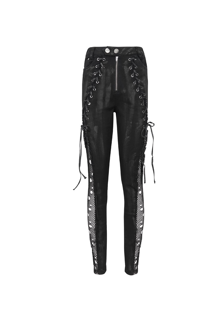 Black Stretch Twill Paneled Mesh Perforated Women's Punk Trousers