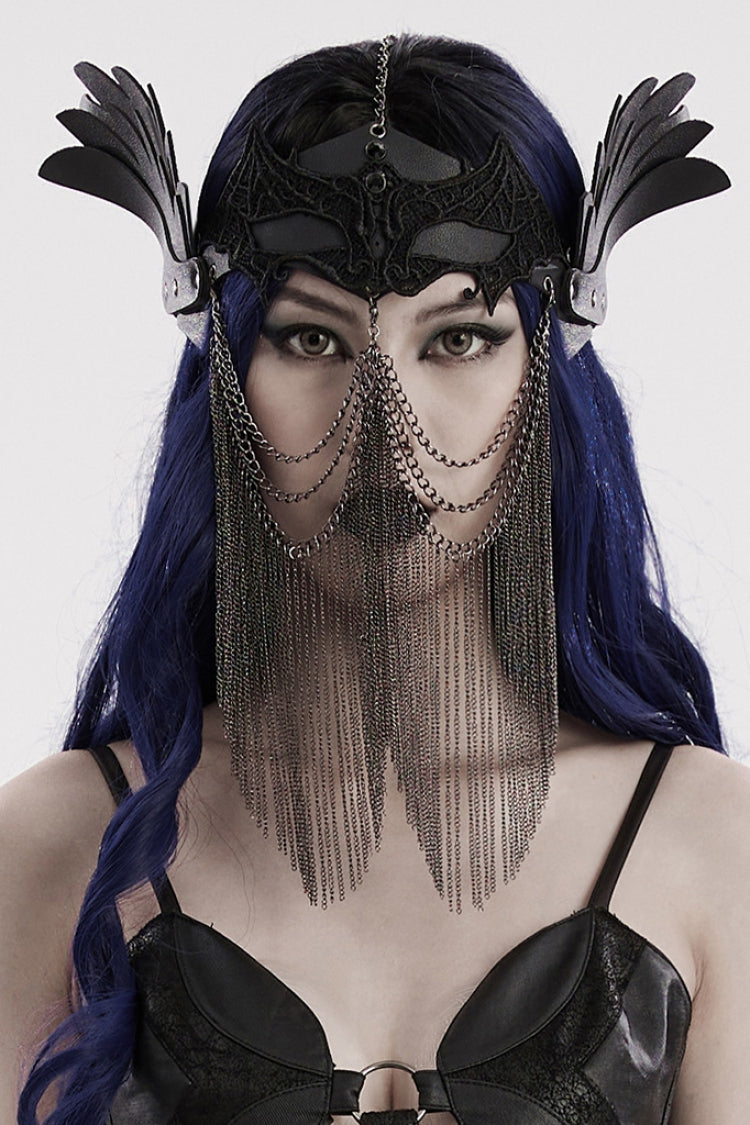 Black Artificial Leather Stitching Bat Shaped Lace Tassel Women's Steampunk Chain Mask