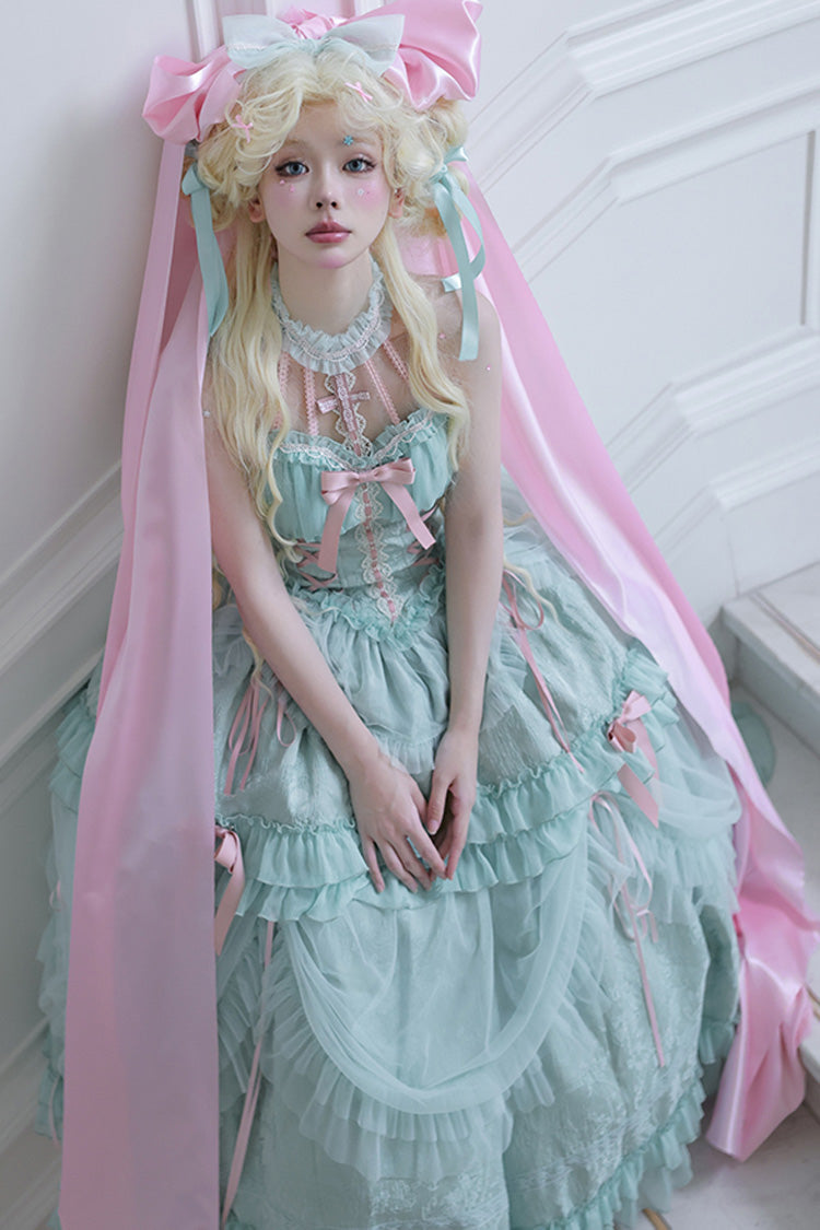 Green Cross Halterneck Ruffle Bowknot Lace Lace-Up Princess Sweet Lolita Dress