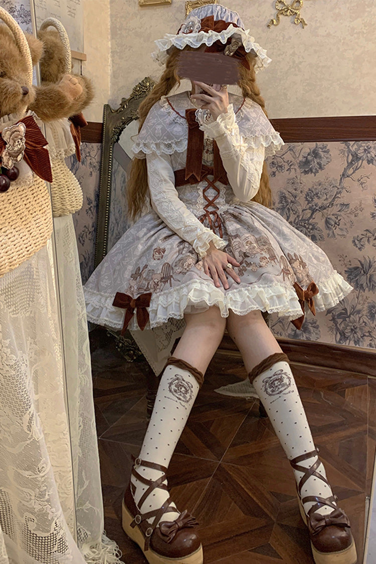 [Castle Bear] Sleeveless Print Ruffle Bowknot Lace Sweet Lolita Jsk Dress 4 Colors