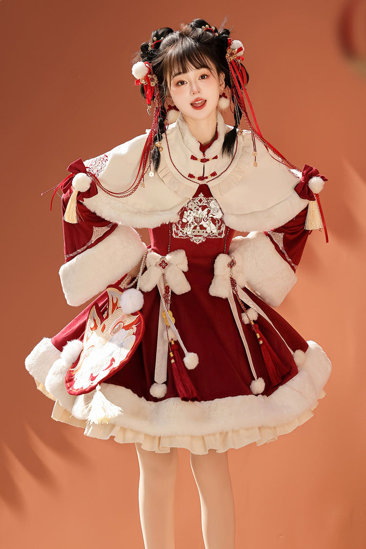 Red Long Sleeves Ruffle Embroidery Bowknot Chinese Style Sweet Lolita Hanfu Dress