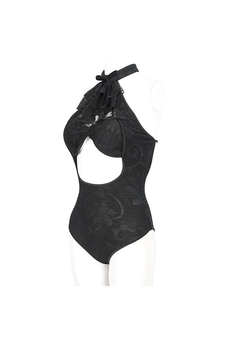 Black Stretch Textured Print Butterfly Halterneck Lace Women's Gothic One Piece Swimsuit