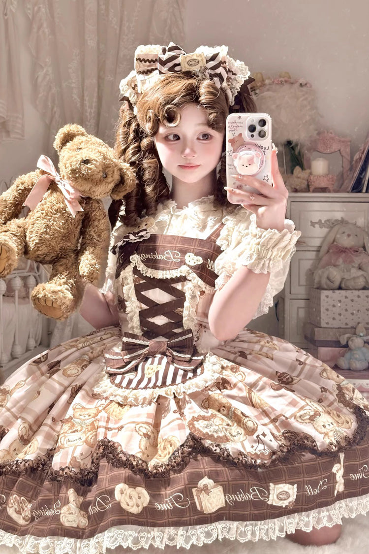 [Doll Tea Party] Sleeveless Print Ruffle Bowknot Lace-Up Sweet Lolita Jsk Dress 3 Colors