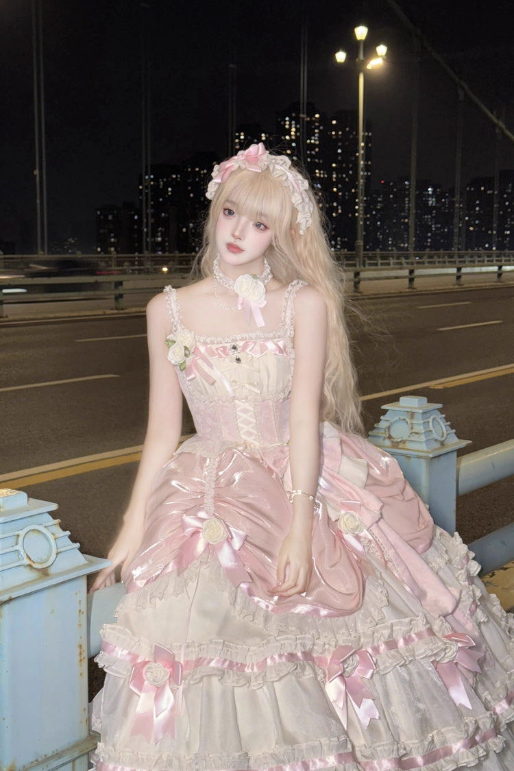 Aprikose/Rosa mehrlagiges Hanayome-Schleifenkleid mit Rüschen, süßem Prinzessinnen-Outfit, wunderschönem langen Lolita-JSK-Kleid