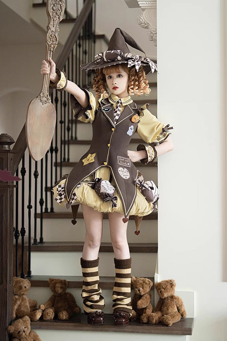 Brown/Yellow [Witch and Paradise] Short Sleeves Ruffle Bowknot Sweet Japanese Halloween Lolita Dress Vest Set