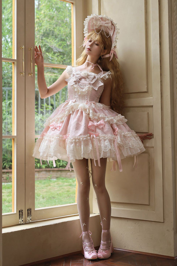 Pink [Blossoming Heart Love ] Sleeveless Dark Jacquard Print Bowknot Lace Sweet Lolita Jsk Dress