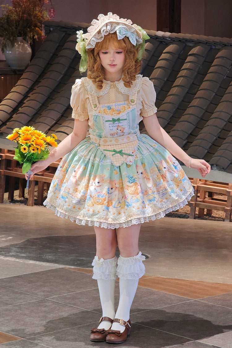 Green [Pineapple Cat] Print Sleeveless Bowknot Lace Sweet Lolita Strap Dress