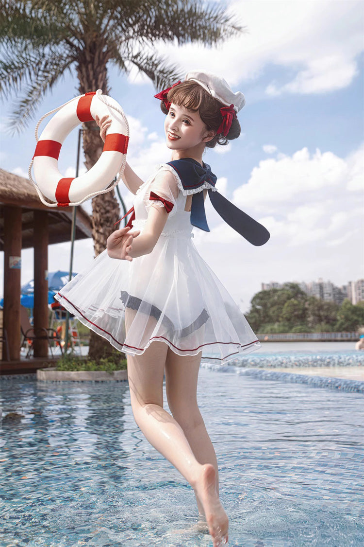 White/Blue/Red Bowknot Short Sleeves Navy Cute Sweet Lolita One Piece Swimsuit