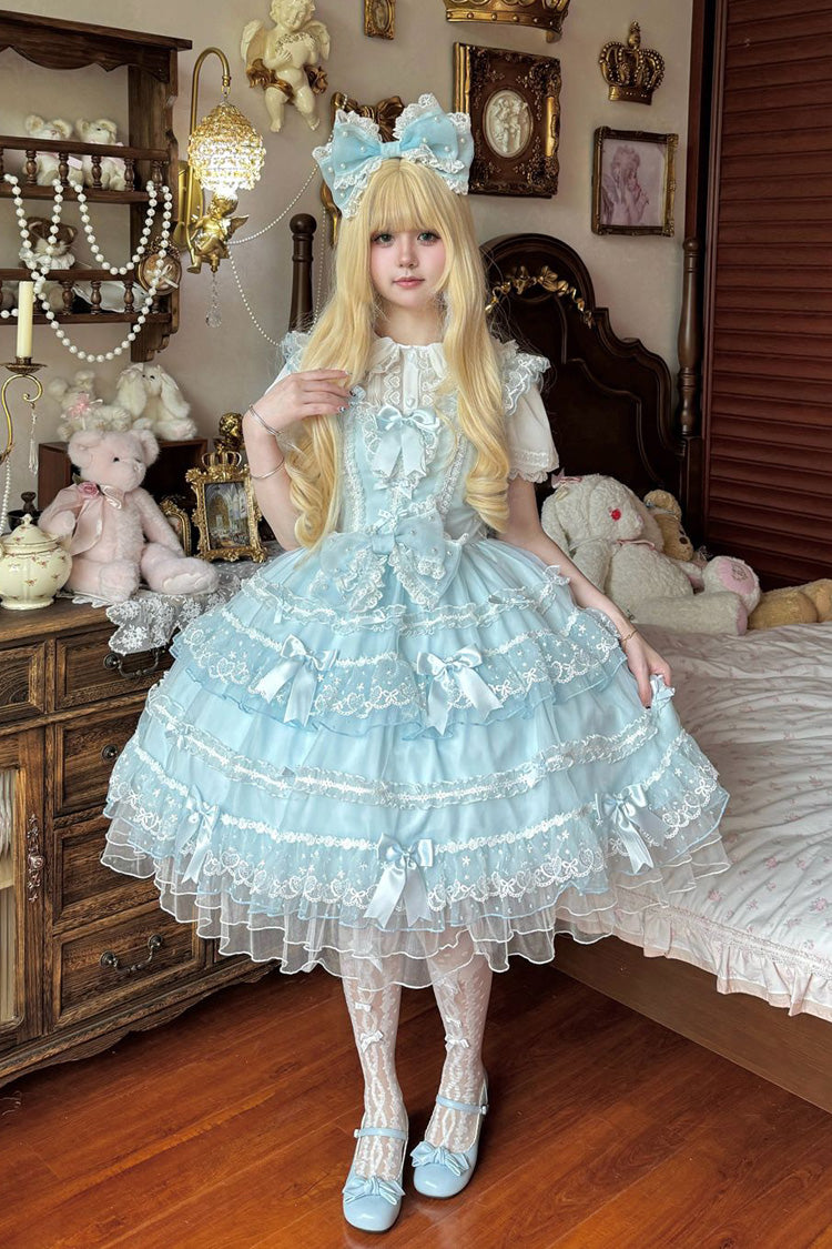 Blue [Lotus Butterfly Heart] Multi-Layered Ruffle Hanayome Bowknot Lace Sweet Lolita Jsk Dress