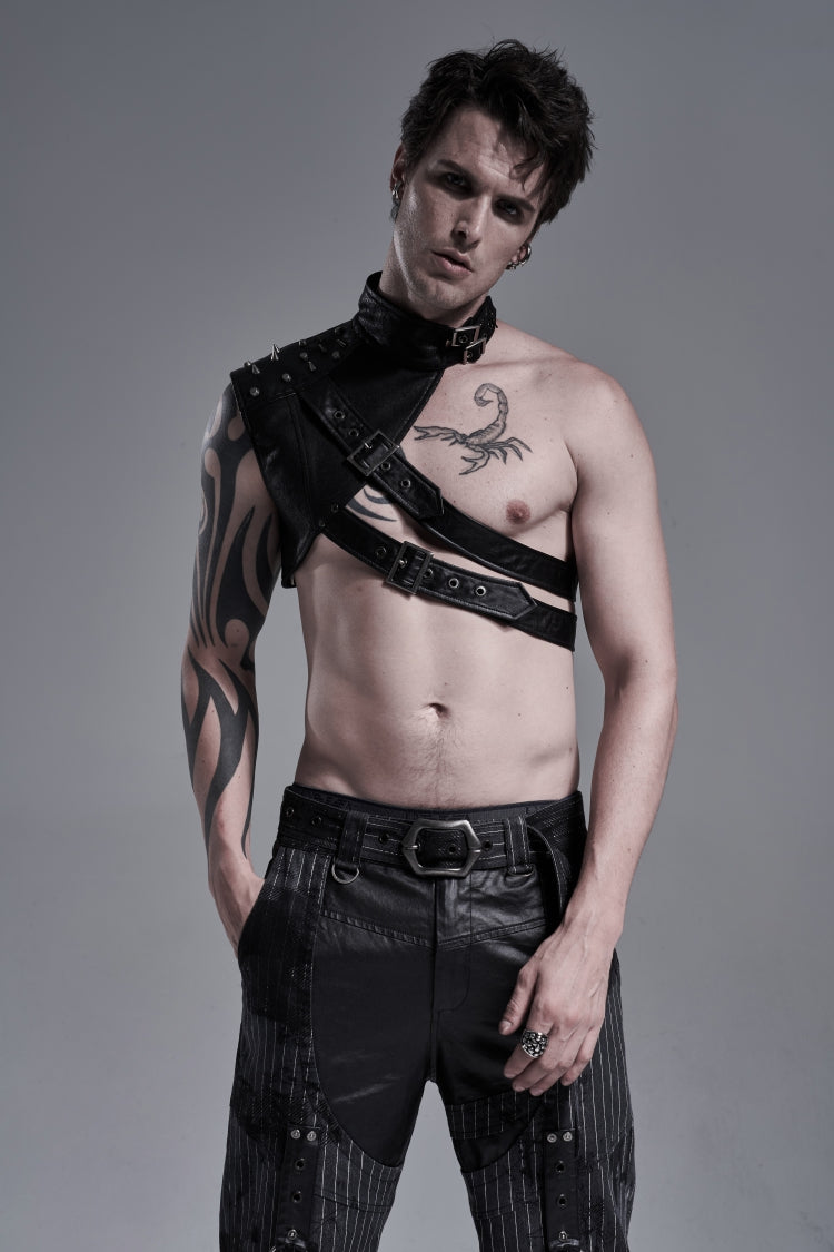 Black Stand Collar Sleeveless Irregular Asymmetric Studded Chain-Decorated Men's Gothic Handsome Cool Shoulder Harnesses