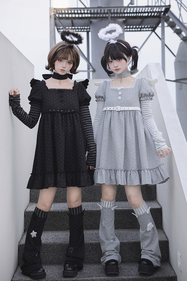 [Yume] Quadratischer Kragen, lange Laternenärmel, gepunktet, locker, gerüscht, süßes, cooles Lolita-Kleid, 2 Farben (Schwarz, Grau)