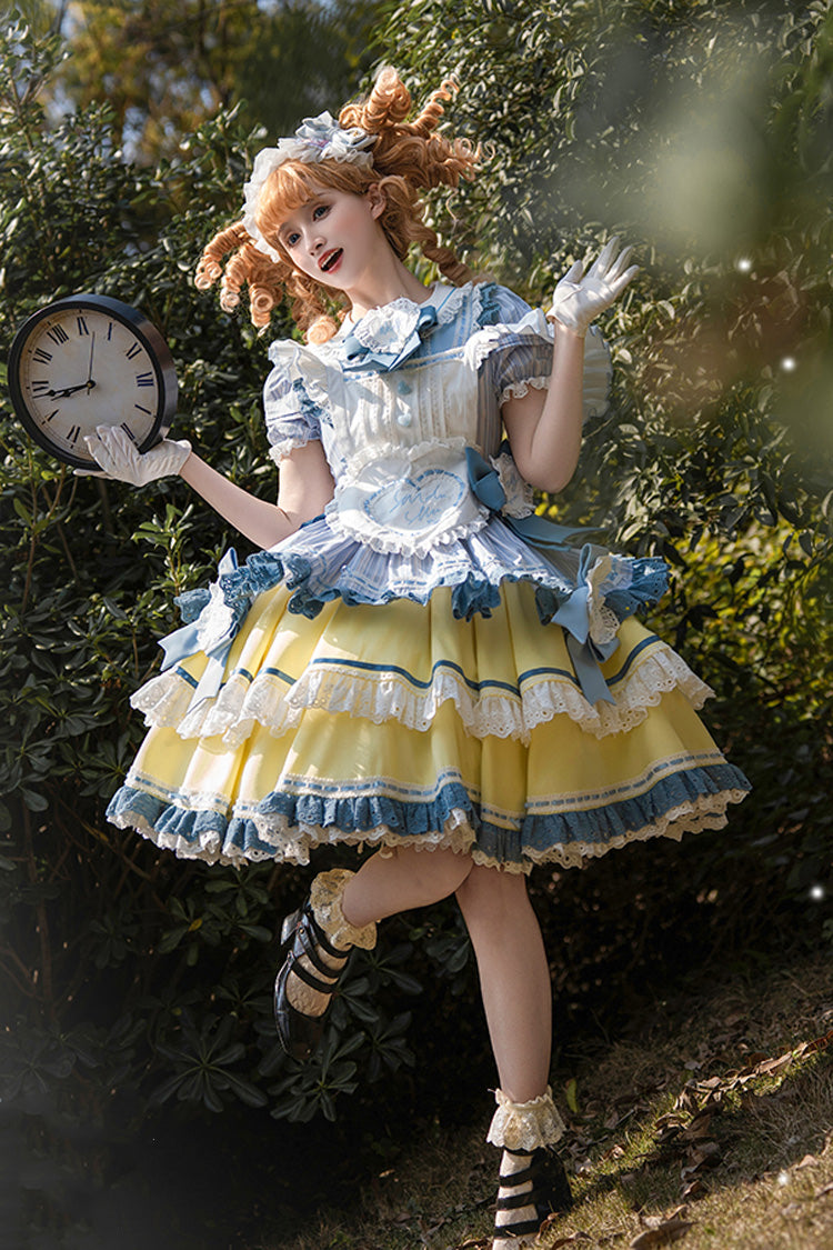 Blue/Yellow Short Sleeves Triple-Layered Ruffle Bowknot Lace Sweet Japanese Lolita Dress