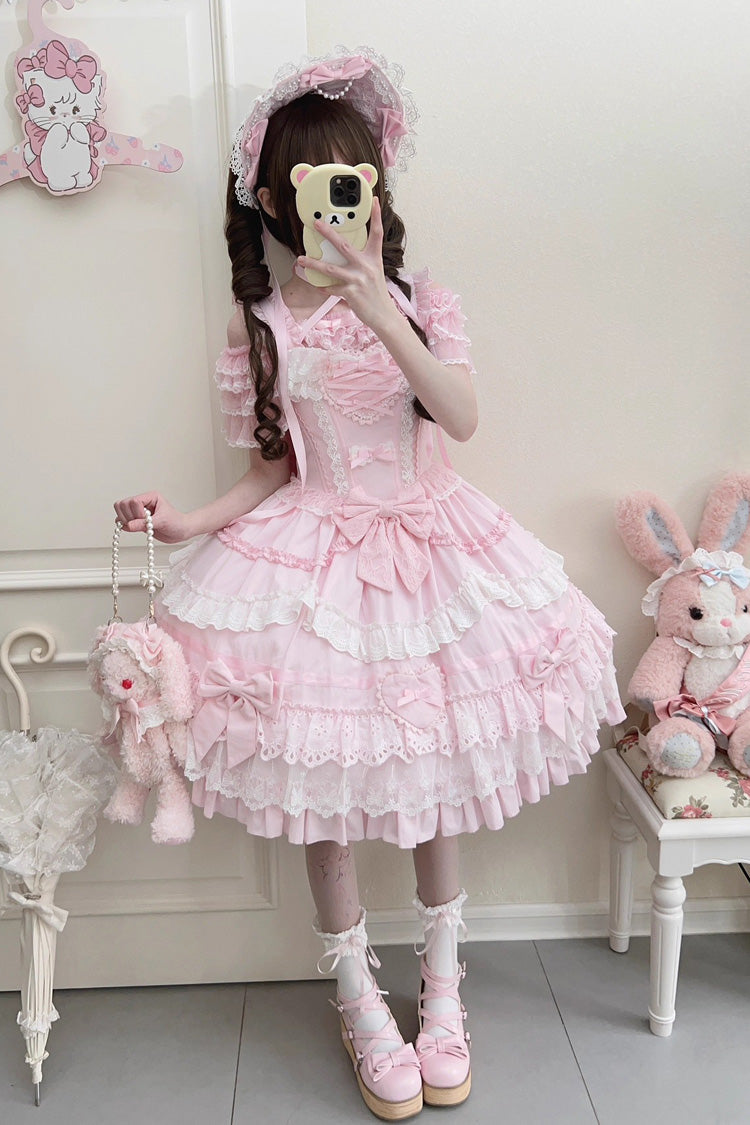 Robe Lolita Jsk élégante et douce en dentelle avec nœud papillon à volants à trois couches sans manches [Super Cute Belia] rose 
