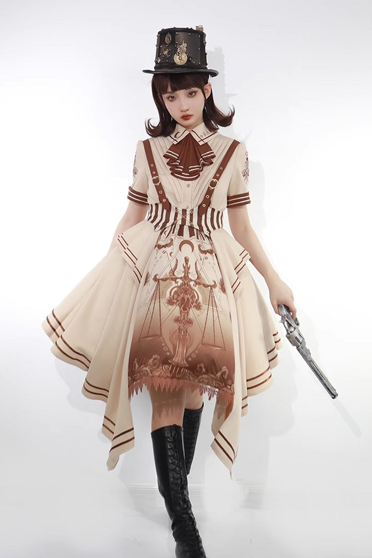 Brown Short Sleeves Libra Print Punk Vintage Lolita Dress