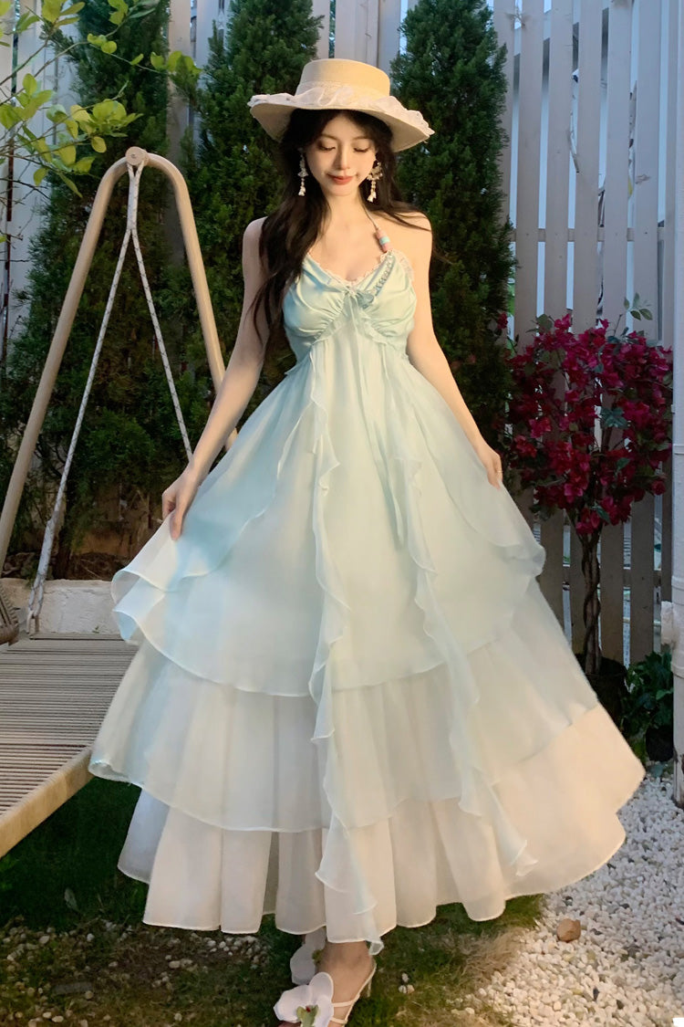 Mint Green [Dreaming About The Sea] Sleeveless Triple-Layered Ruffle Lace-Up Sweet Lolita Jsk Dress