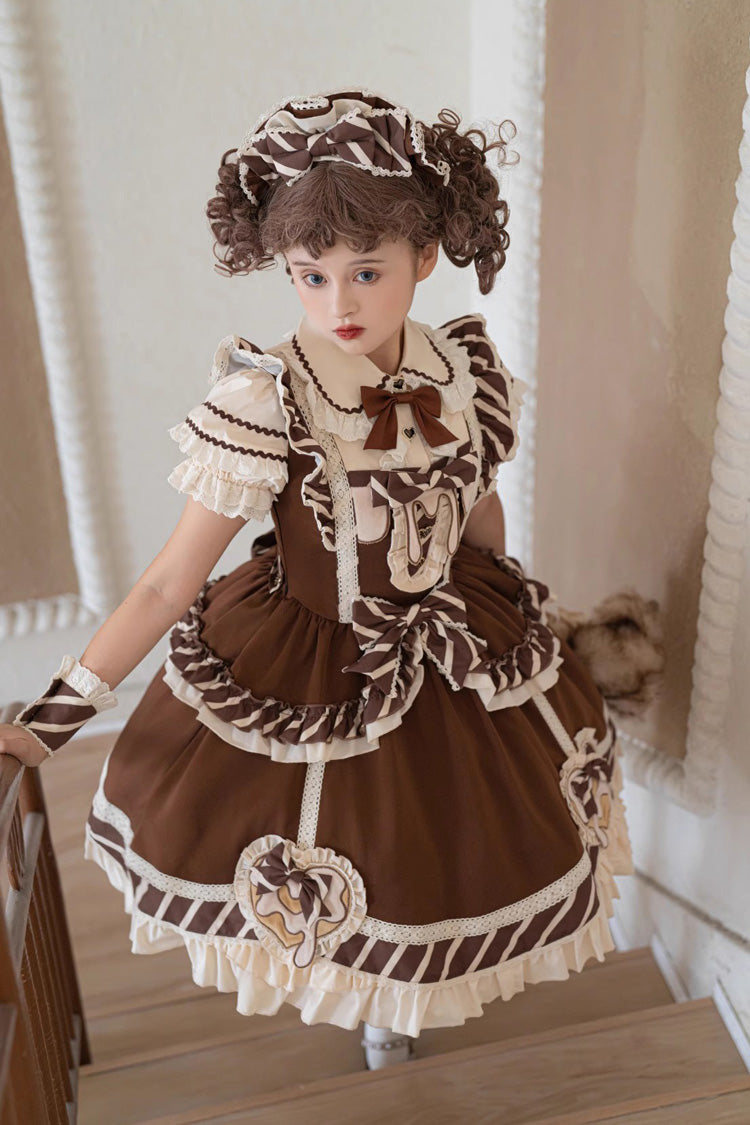 Brown Short Sleeves Print Ruffle Bowknot Sweet Princess Lolita Jsk Dress Set