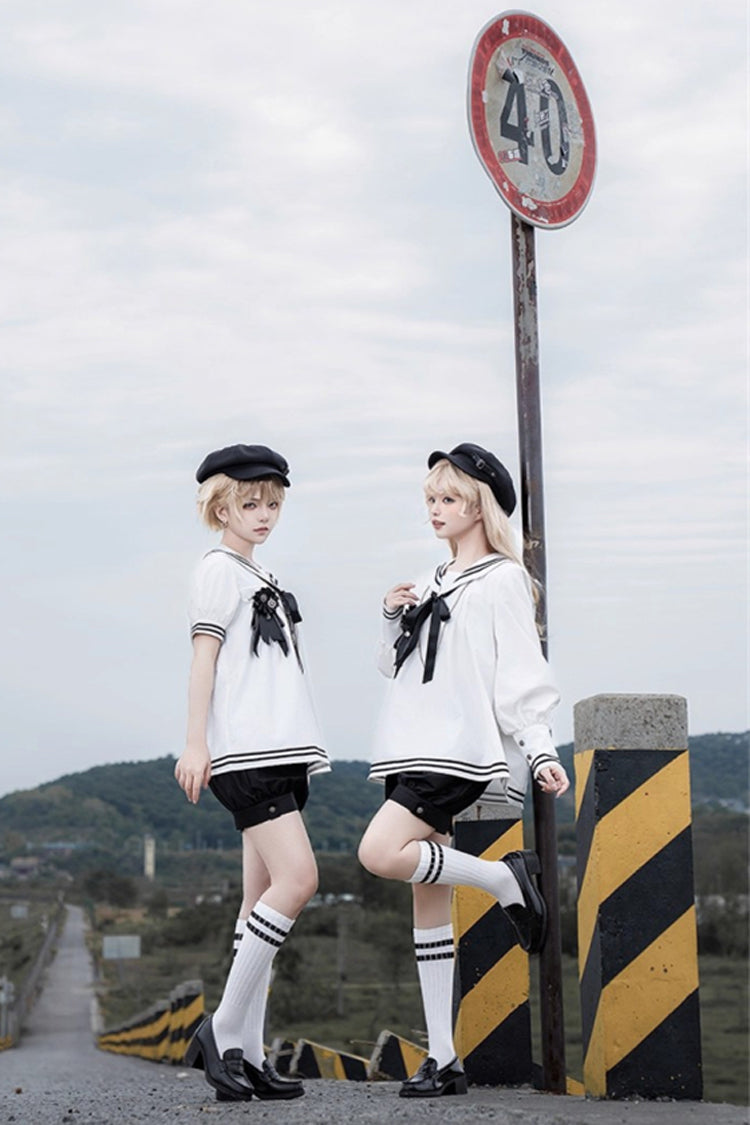Black/White [Old Stories] Navy Collar Long Sleeves Bowknot Ouji Gothic Lolita Blouse Shorts Set