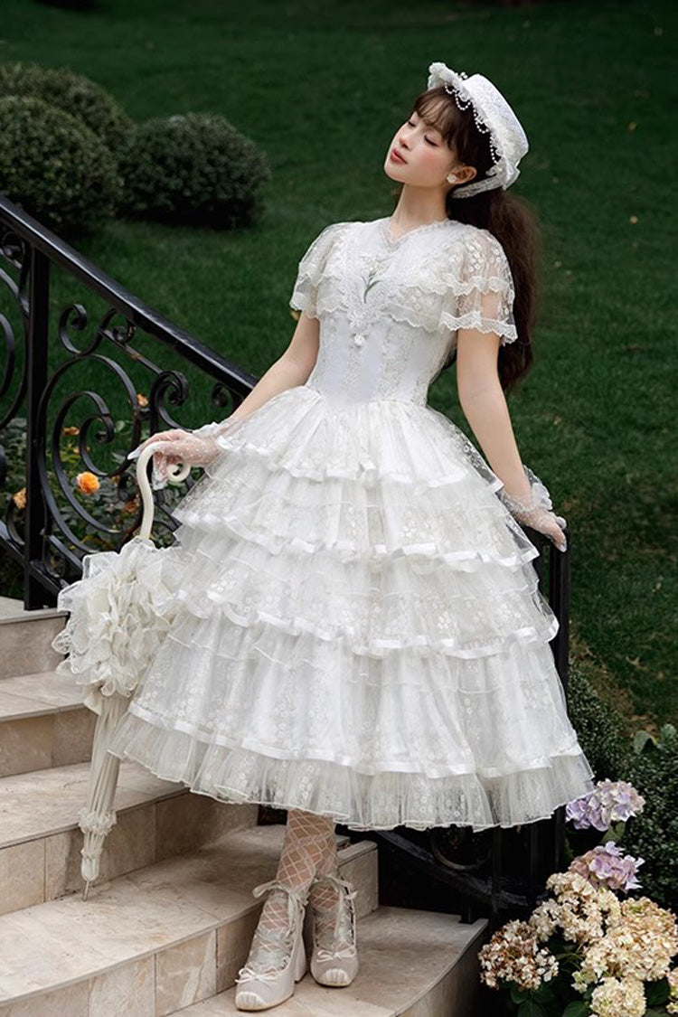 White [Morning Dew Lily] Short Sleeves Multi-Layered Ruffle Embroidery Sweet Elegant Lolita Dress