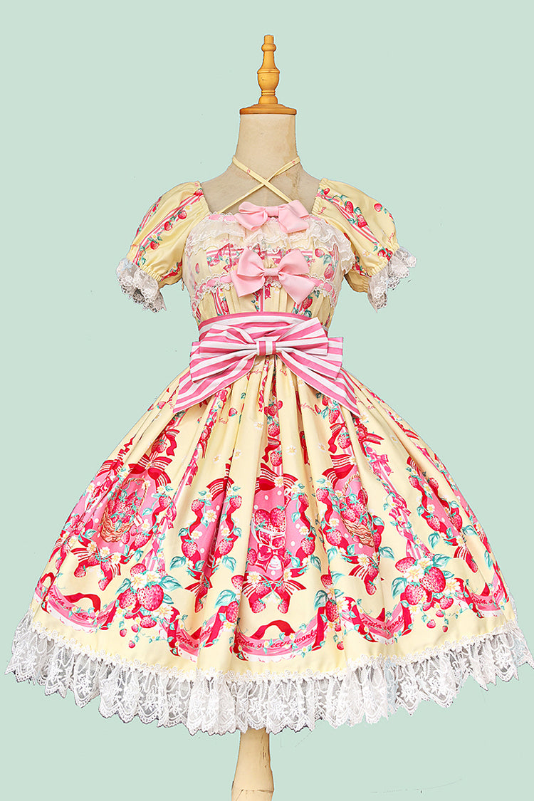 [Strawberry Chef] Short Sleeves Print Bowknot Lace Sweet Lolita Dress 4 Colors