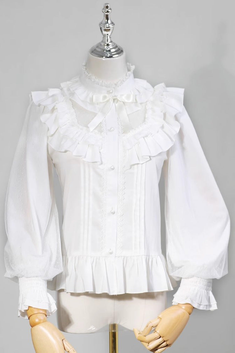 White Stand Collar Long Sleeves Ruffle Bowknot Sweet Lolita Blouse
