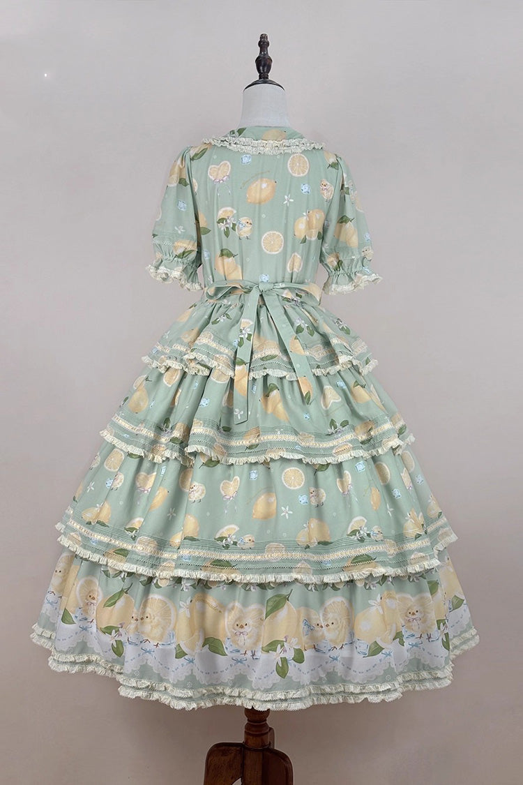 Green [Lemon Chicken] Short Sleeves Triple-Layered Print Ruffle Bowknot Lace Sweet Gorgeous Lolita Dress
