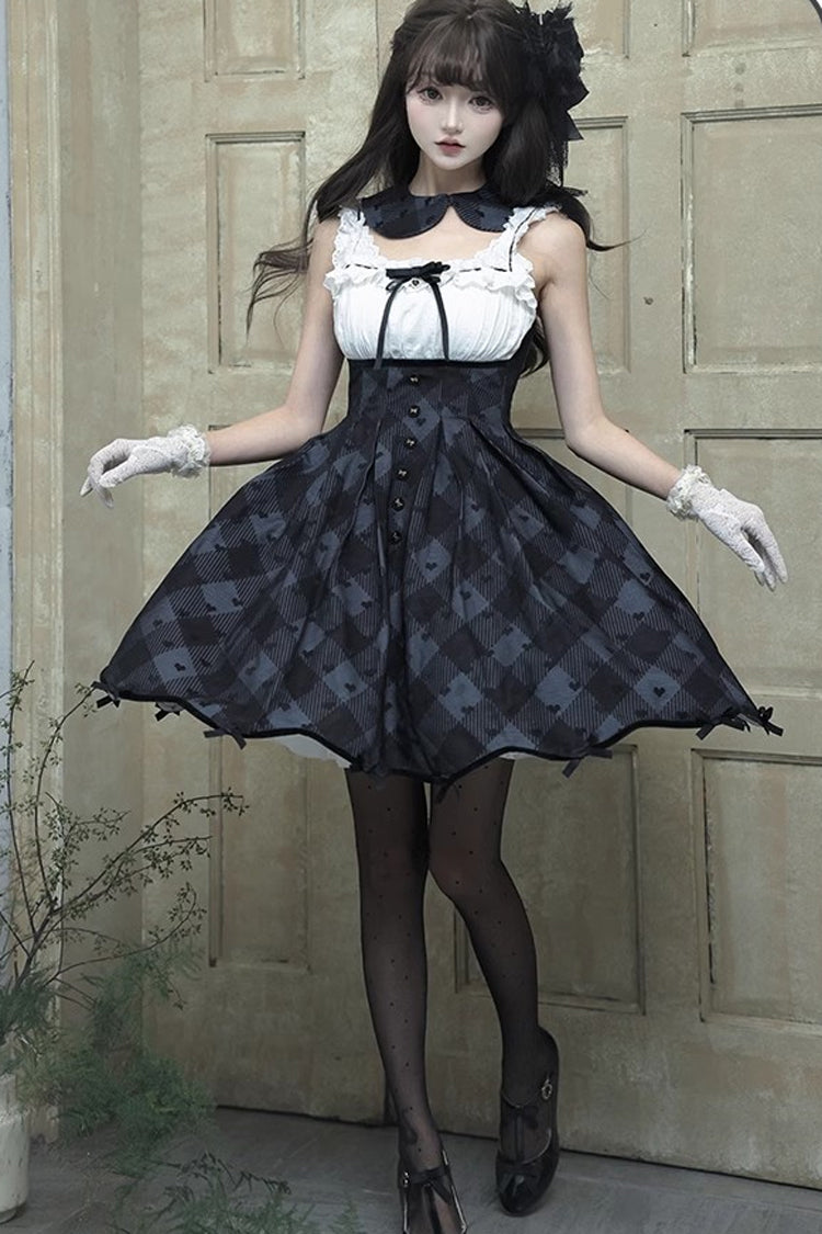 Black [Swan] Short Sleeves Plaid Print Sweet Elegant Princess Lolita Dress Short Version