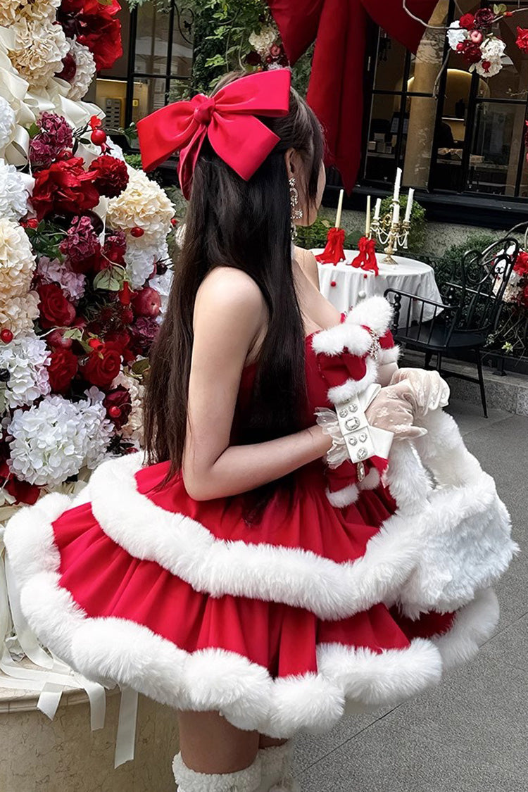 Red [Holiday] Double-Layered Bowknot Sweet Princess Lolita Strapless Dress