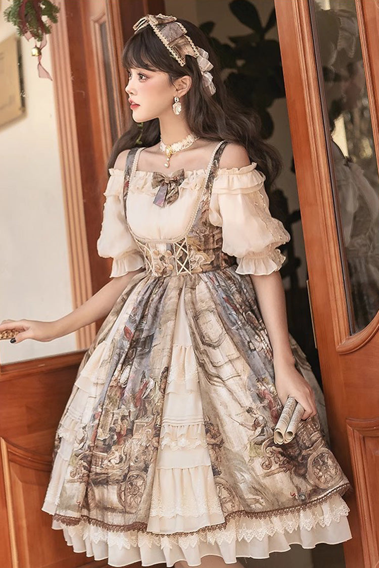 Brown [Cloria] Oil Painting Print Bowknot Lace Sweet Elegant Palace Lolita Jsk Dress