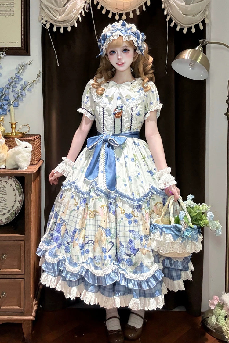 Blue/Ivory [Blueberry Letter] Bow Collar Short Sleeves Puff Sleeves High Waisted Floral Print Lace Sweet Lolita Dress