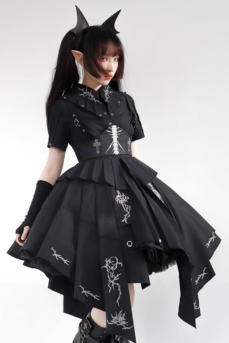 Schwarzes, kurzärmliges Lolita-Kleid mit Print im Gothic-Stil von Travelling Thorns