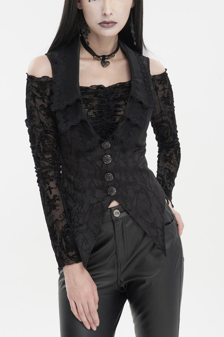 Black Plum Blossom Texture Deep V Back Rope Adjustable Women's Gothic Vest