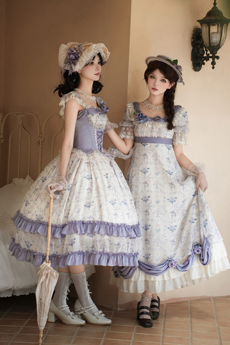 Purple/Ivory [Iris Secrets] Short Sleeves Double-Layered Print Ruffle Bowknot Lace-Up Sweet Lolita Dress