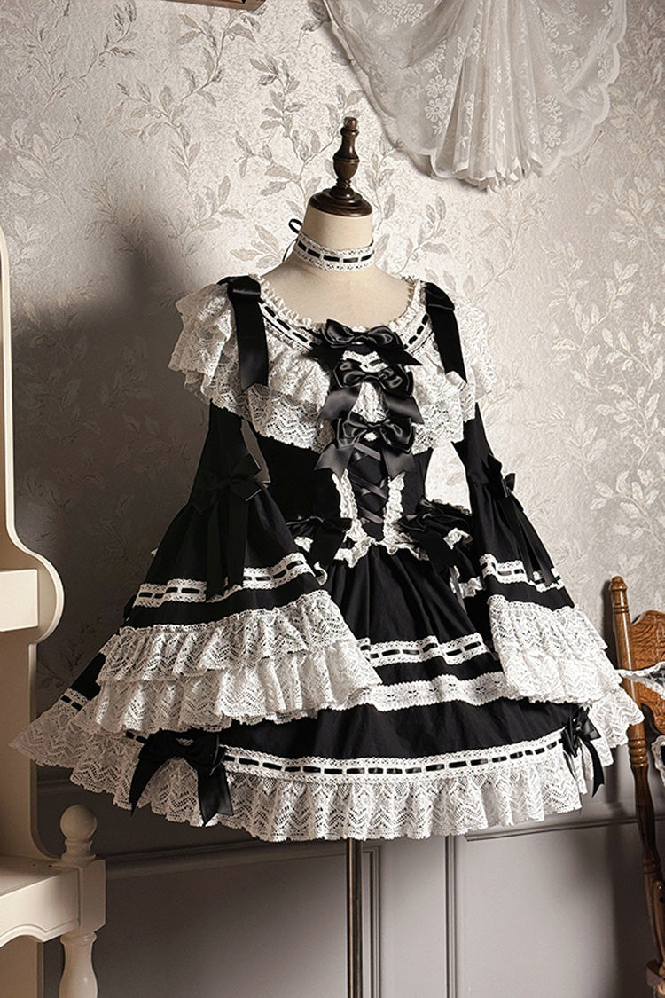 Black [Rabbit Sleeping Doll] Long Trumpet Sleeves Ruffle Bowknot Lace Sweet Lolita Dress