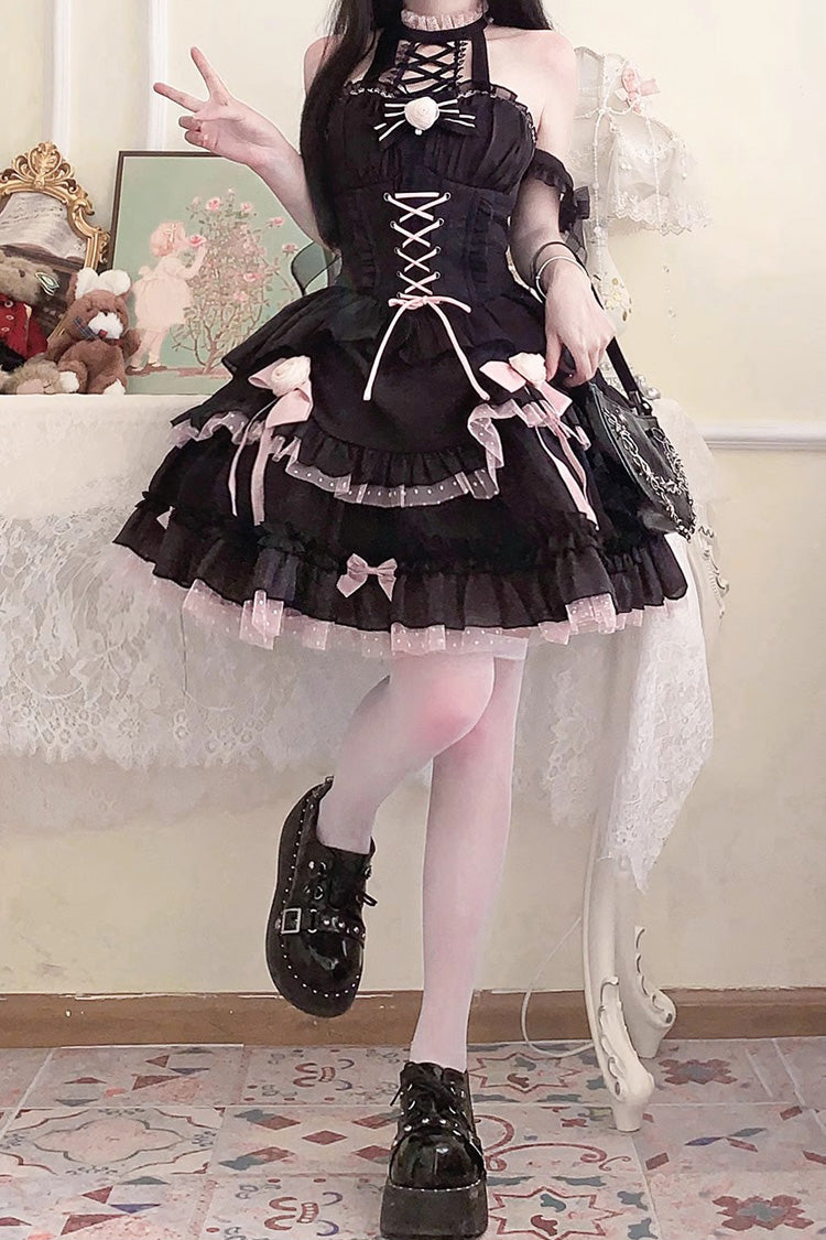 Schwarz/Rosa Gothic Lolita Jsk Kleid mit Schnürung und Rüschen, mehrlagig