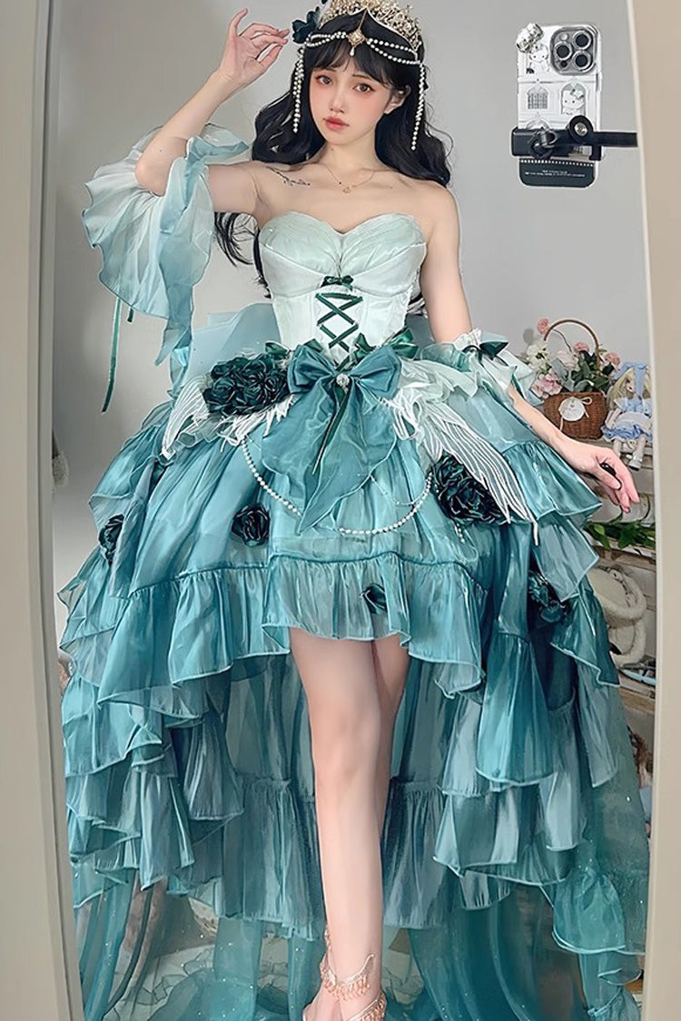 Bernsteingrün [Swan Wonderland] Stickerei Bowknot Schnürung Kurze Vorderseite Lange Rückseite Unregelmäßiges süßes Ballett Lolita Jsk Kleid