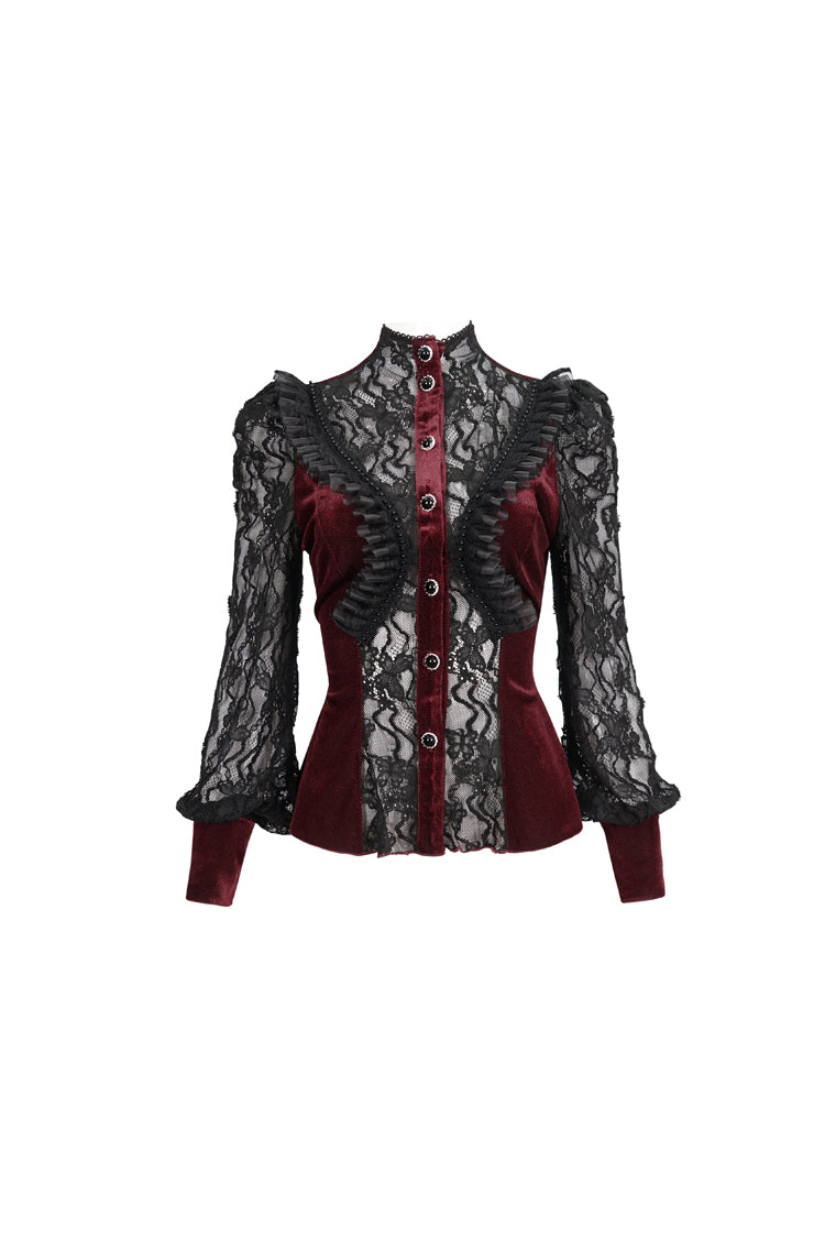 Roter Samt-Hochhals-Spitzen-Fake-BH-Design, das dreidimensionales Schmetterlingsnetz-Gothic-Shirt für Damen spleißt